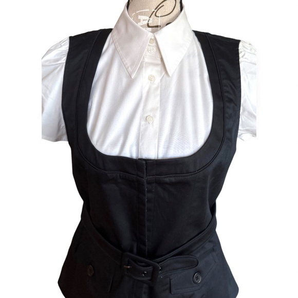 Chic Black & White Layered Shirt Vest Belted Top - Picture 6 of 9